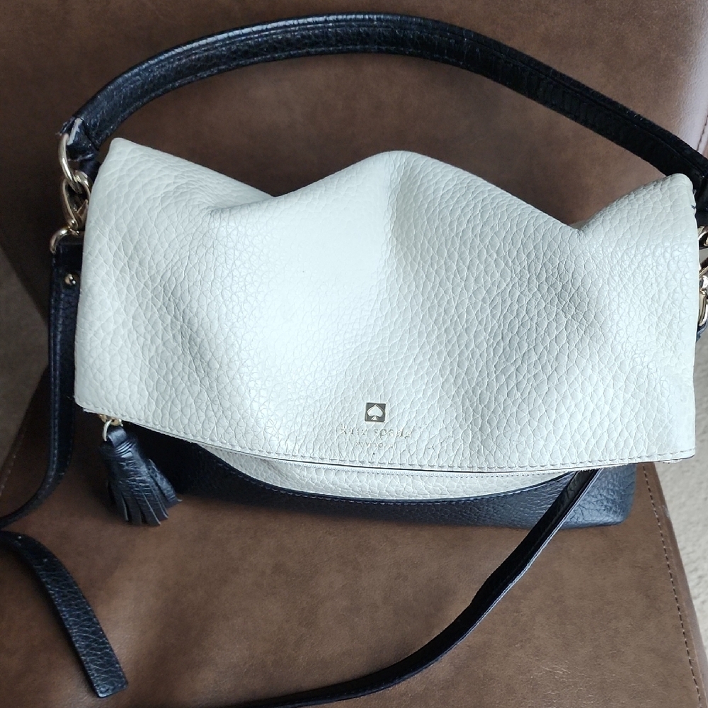 KATE SPADE Cream and Black Leather Slouchy Crossbody Shoulder Bag